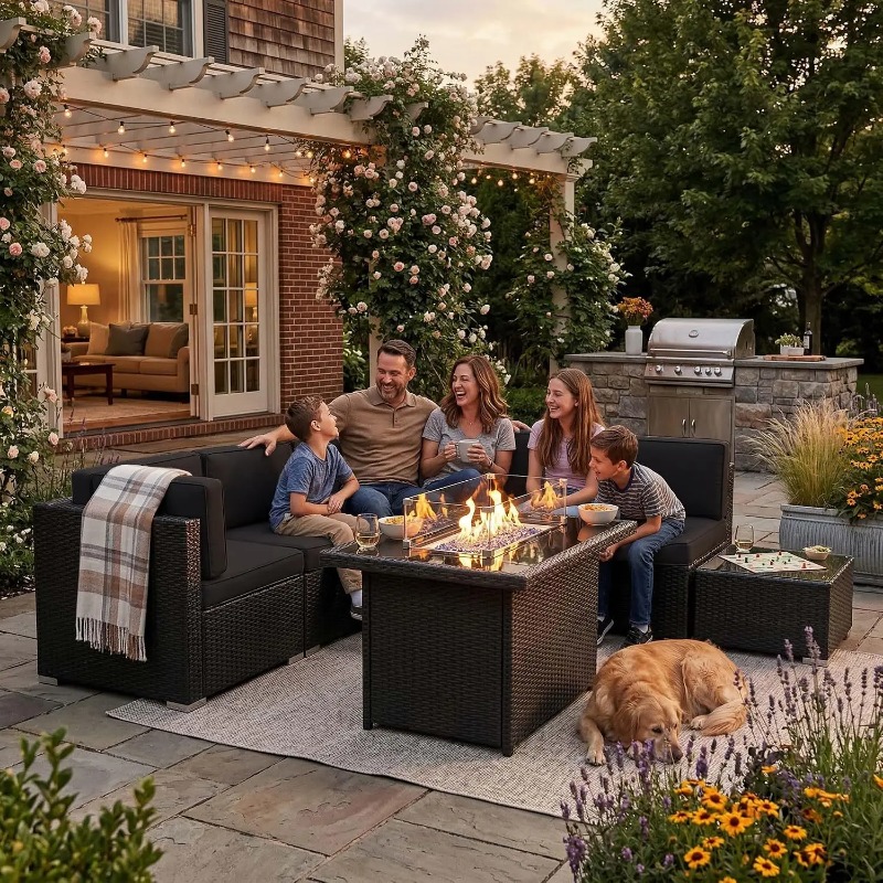 Outdoor Furniture Fire Pit - 8-częściowy zestaw mebli ogrodowych z wikliny